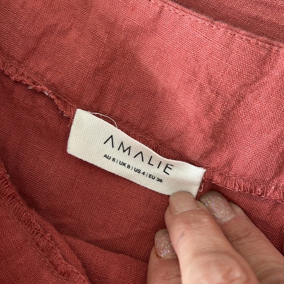 Amalie Cleide Linen One Shoulder Crop Top Midi Skirt Two Piece Set Dusty Clay - Picture 8 of 8